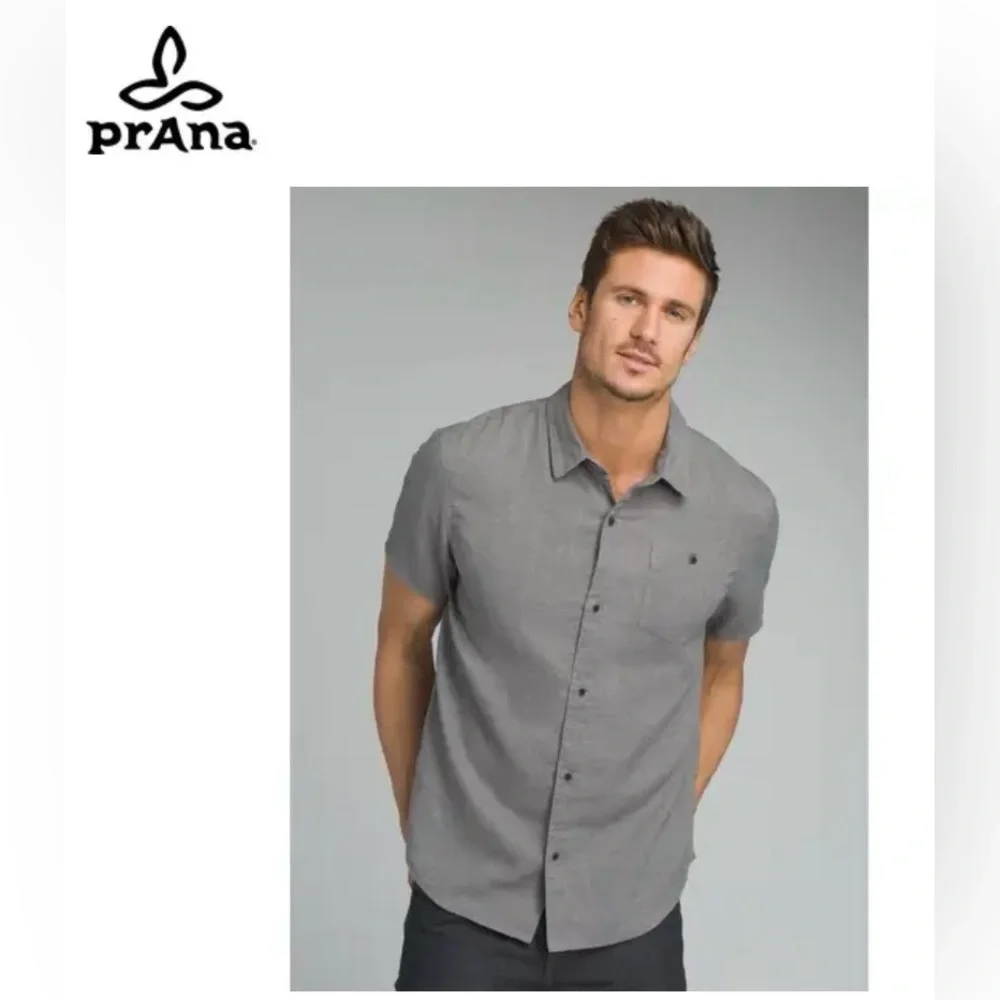 PrAna Mens Virtuoso Short Sleeve Button-Up Shirt Hemp Blend Gray Size Medium